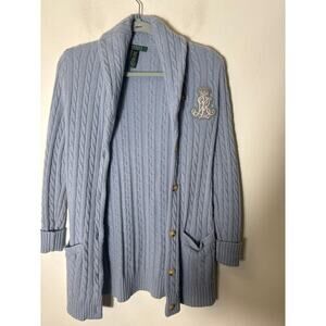 Blue Cable Knit Cardigan Sweater